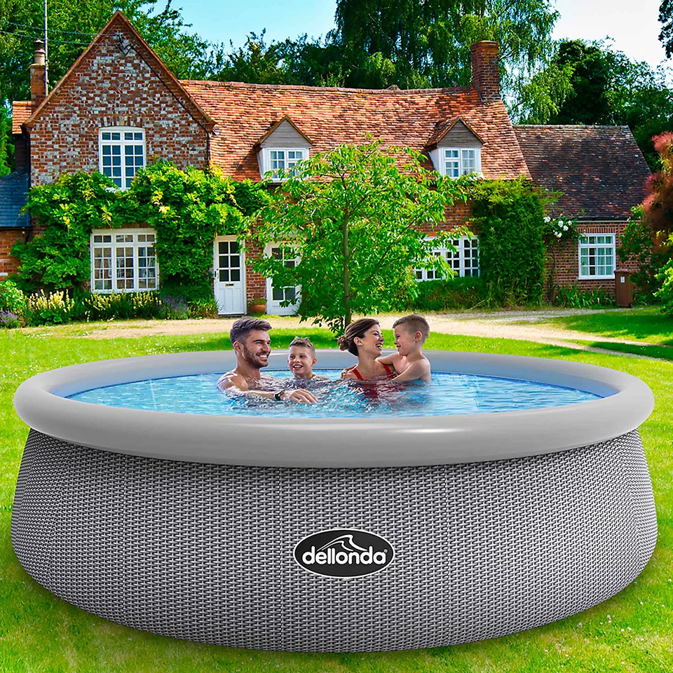 84cm Deep Garden Paddling Bathing & Swimming Pool 15ft Round Grey Rattan - Pump Included - 1089